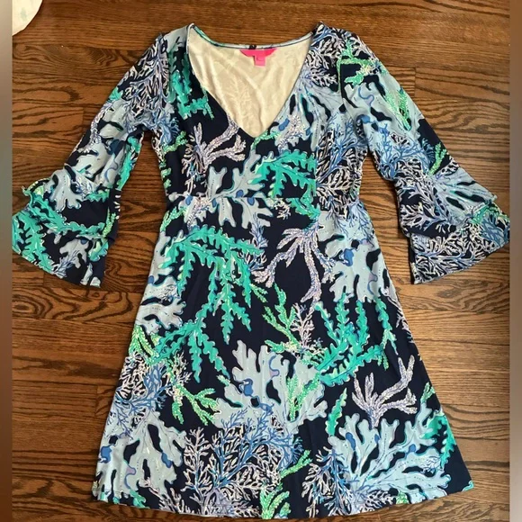 Lilly Pulitzer Raina Dress Deep Indigo Blue Swish and Sway Corals Medium - Picture 2 of 7